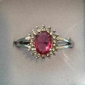 Elegant Red Zircon Ring Surrounded by Faux Diamonds Size 7